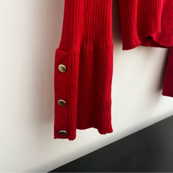 Anthropologie Maeve Ribbed Red V-Neck Sweater with Gold Button Bell Sleeves M - Picture 4 of 4